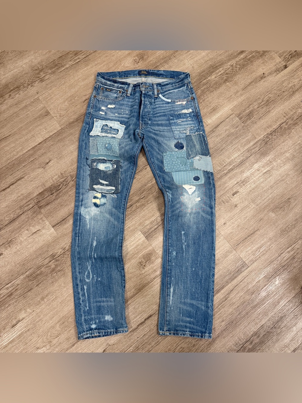 Polo Ralph Lauren Varick Slim Patchwork Distressed Jeans 30x32 Sashiko Koi Fish
